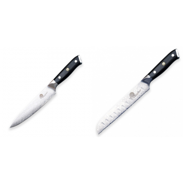 Nůž na okrajování ovoce a zeleniny Dellinger Samurai Professional Damascus VG-10, 130mm + Nůž na chléb a pečivo Dellinger Samurai Professional Damascus VG-10, 195mm