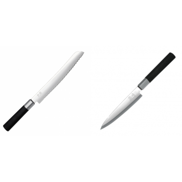 Wasabi Black Nůž na pečivo KAI 230mm + Plátkovací nůž KAI Wasabi Black Yanagiba, 155mm