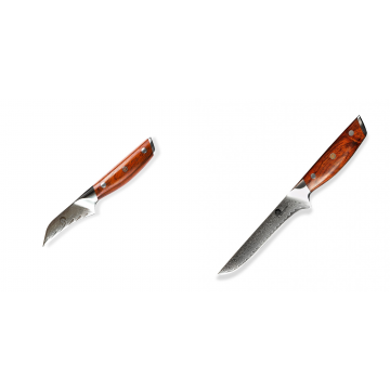 Japonský nůž na okrajování ovoce a zeleniny Dellinger Rose-Wood Damascus, 70mm + Nůž vykošťovací Dellinger Rose-Wood Damascus, 160mm