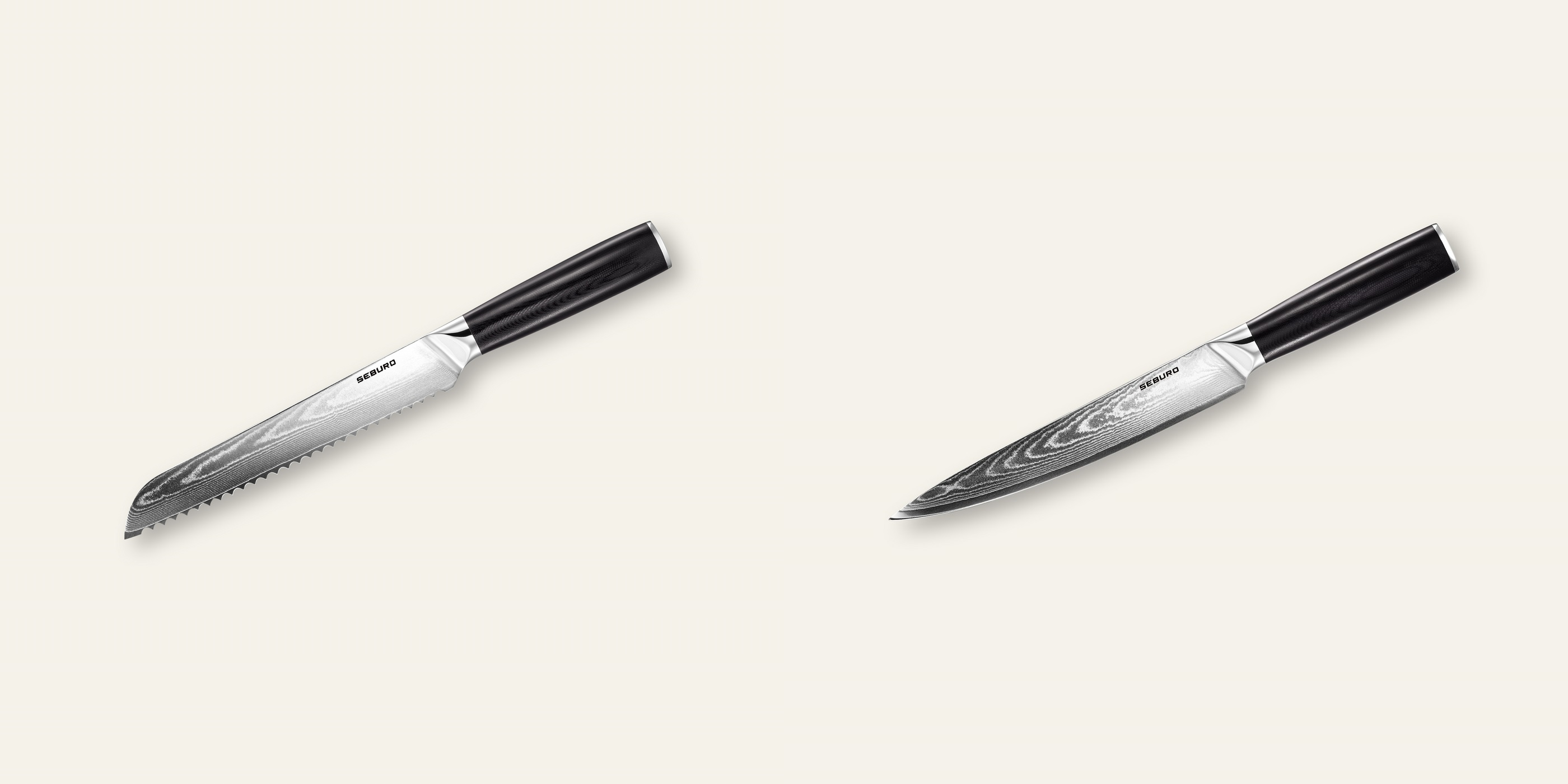AKCE 1+1 Nůž na pečivo Seburo SARADA Damascus 195mm + Plátkovací nůž Seburo SARADA Damascus 200mm