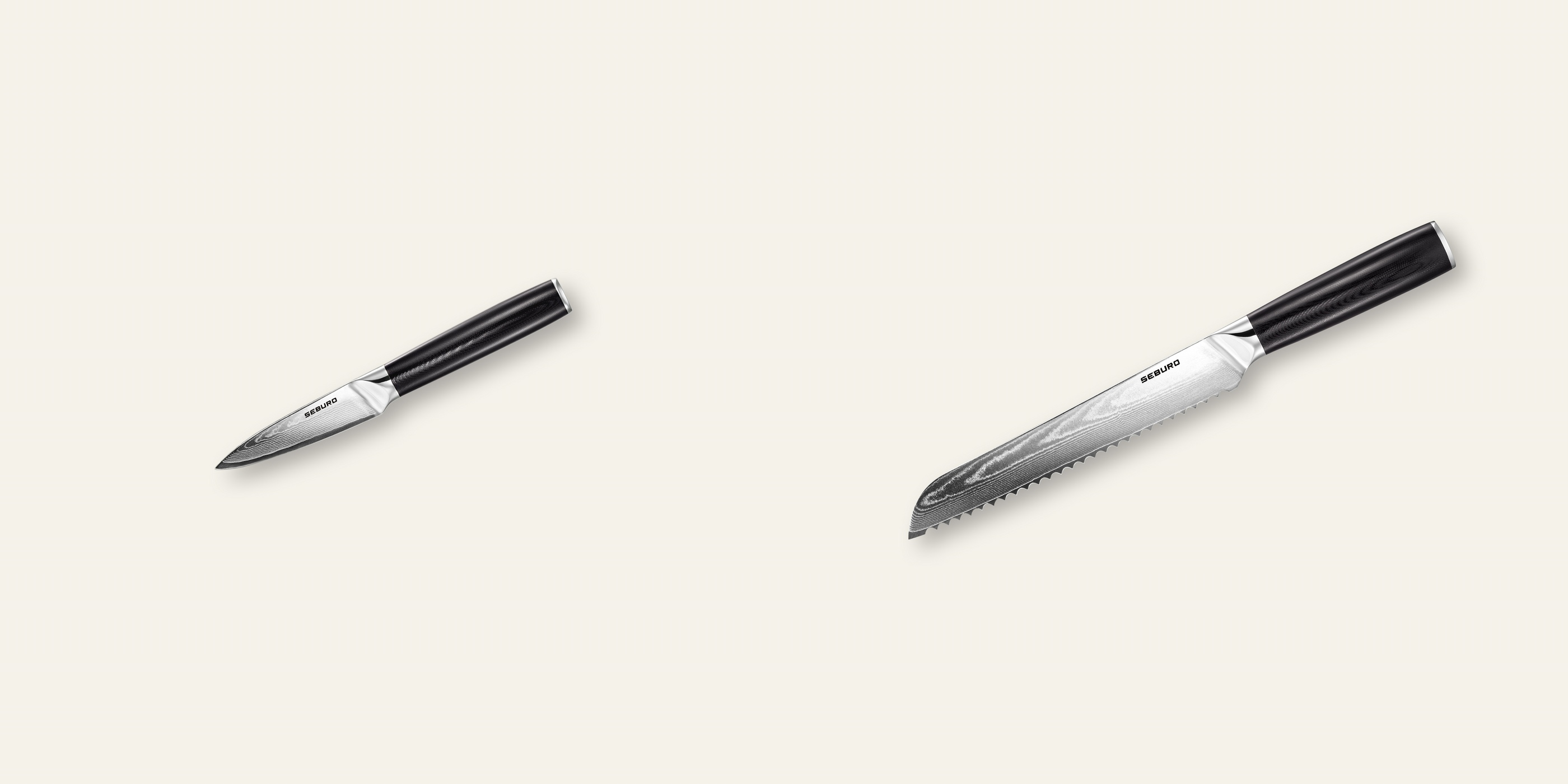 AKCE 1+1 Nůž na ovoce a zeleninu Seburo SARADA Damascus 95mm + Nůž na pečivo Seburo SARADA Damascus 195mm
