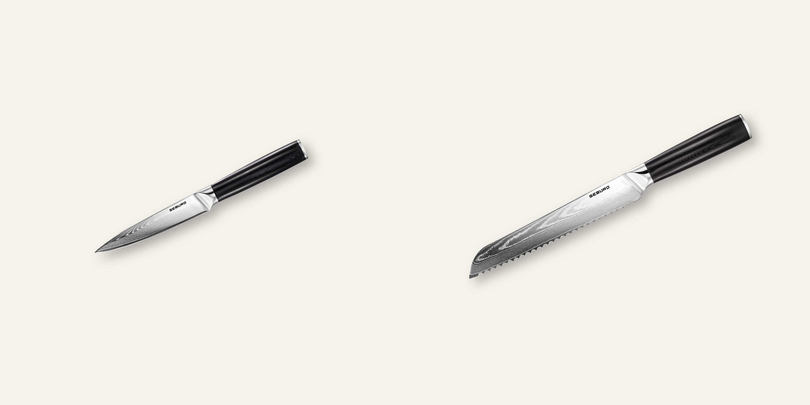 AKCE 1+1 Kuchyňský univerzální nůž Seburo SARADA Damascus 130mm + Nůž na pečivo Seburo SARADA Damascus 195mm